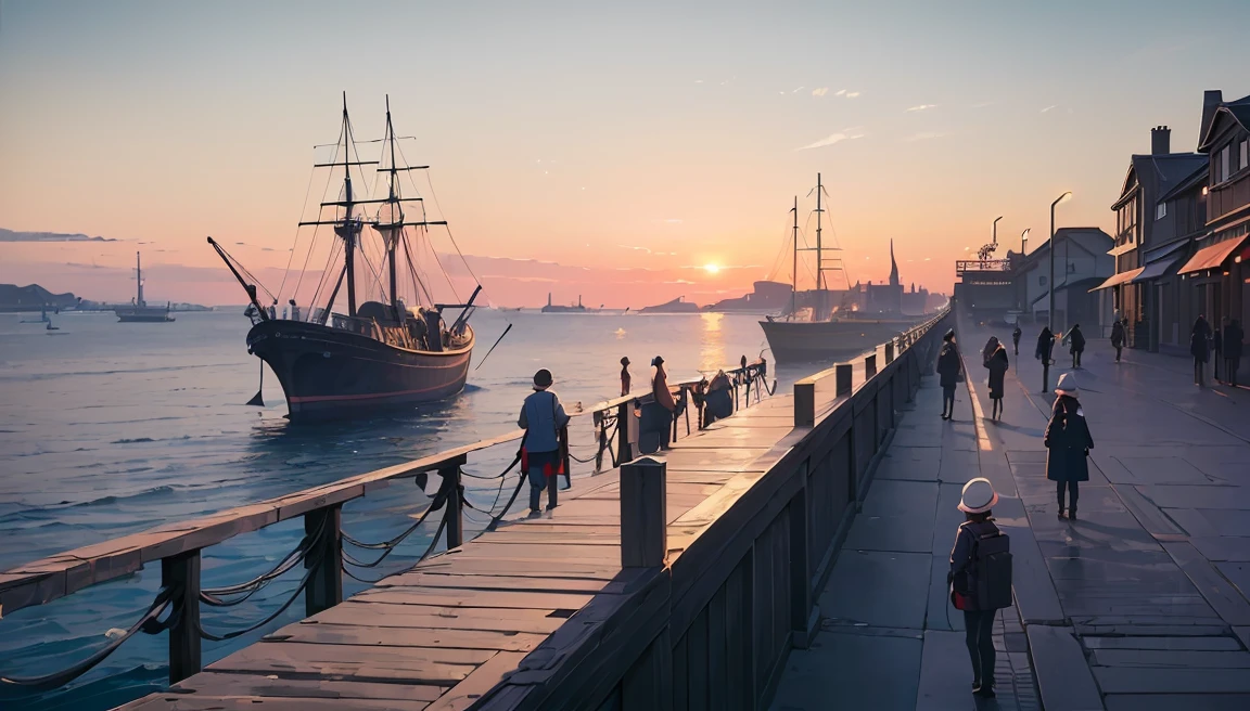 (masterpiece:1.5), (best quality:1.5), (extremely detailed:1.5), port, (sailing port), (industrial era:1.5), (people on line:1.5), line on dock, old dock, ((people waiting on dock)), water, sunet, sunset color, dark blue water, (view on sea), sunset color, sunset, stone port, large sea, (sea at horizon), sea, (no boat or ship on the dock)