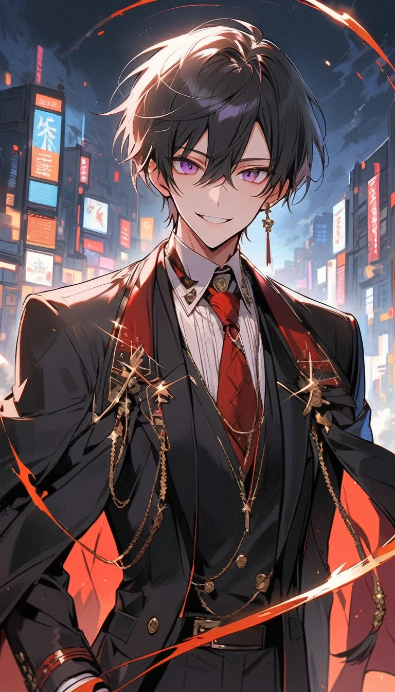 good looking, alone, 1 male, short hair, Smile Facial,1. Boy with black and purple hair, Moderate height, Slim body, Long coat, Black lining,good looking, short hair, Black Hair, Rainbow Hair, Purple eyes, 先端がスモーキーグレーのBlack Hair, smoking, Black light,smile、, Bright, sharp eyes illuminate the scene,uniform,Fewer accessories,whole body,Background white,(masterpiece, Highest quality), Yishang_edge, Default_Costume, One boy, alone, Red tie, Black jacket, Black vest, Jacket on shoulders, White shirt, Collared shirt, Black trousers, View your viewers, city, night, knife,紫色に光るknife身