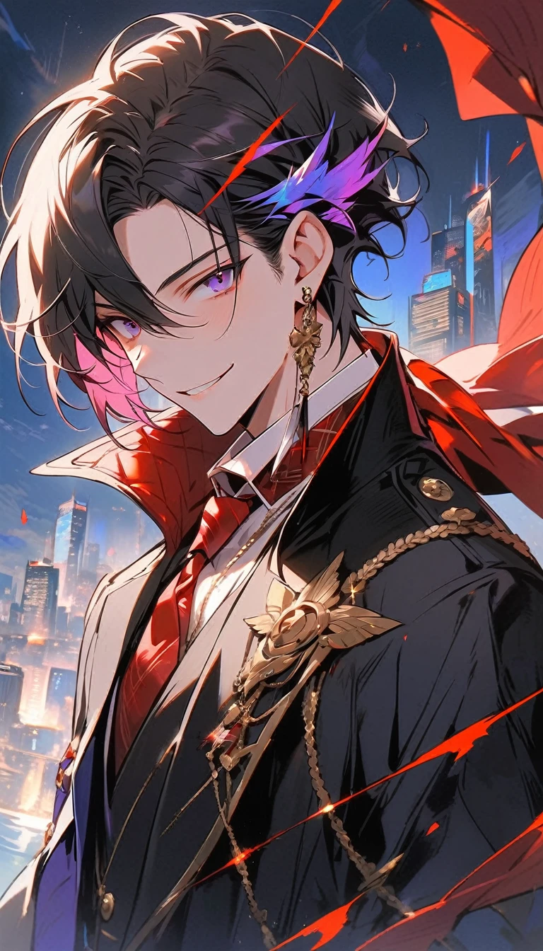 good looking, alone, 1 male, short hair, Smile Facial,1. Boy with black and purple hair, Moderate height, Slim body, Long coat, Black lining,good looking, short hair, Black Hair, Rainbow Hair, Purple eyes, 先端がスモーキーグレーのBlack Hair, smoking, Black light,smile、, Bright, sharp eyes illuminate the scene,uniform,Fewer accessories,whole body,Background white,(masterpiece, Highest quality), Yishang_edge, Default_Costume, One boy, alone, Red tie, Black jacket, Black vest, Jacket on shoulders, White shirt, Collared shirt, Black trousers, View your viewers, city, night, knife,紫色に光るknife身