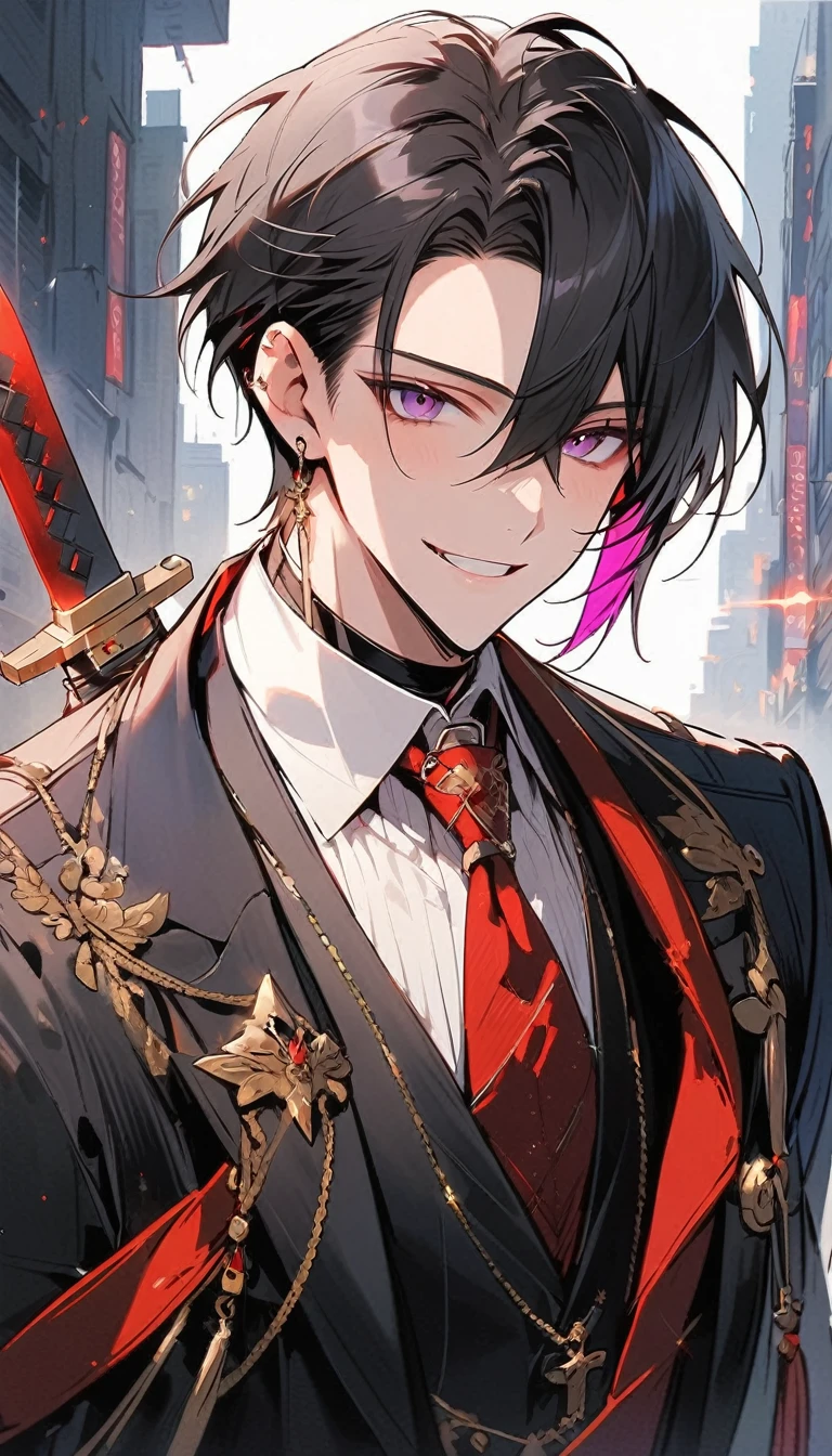 good looking, alone, 1 male, short hair, Smile Facial,1. Boy with black and purple hair, Moderate height, Slim body, Long coat, Black lining,good looking, short hair, Black Hair, Rainbow Hair, Purple eyes, 先端がスモーキーグレーのBlack Hair, smoking, Black light,smile、, Bright, sharp eyes illuminate the scene,uniform,Fewer accessories,whole body,Background white,(masterpiece, Highest quality), Yishang_edge, Default_Costume, One boy, alone, Red tie, Black jacket, Black vest, Jacket on shoulders, White shirt, Collared shirt, Black trousers, View your viewers, city, night, knife,紫色に光るknife身