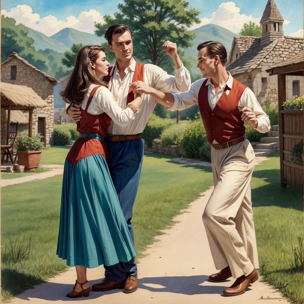 watercolor drawing in Retro-Look, rural saxones village, man and woman dance, full body shot, in the style of classic Americana, white background, Andrew Loomis style, Masterpiece work of art,