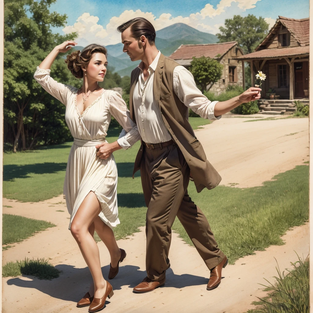 watercolor drawing in Retro-Look, rural saxones village, man and woman dance, full body shot, in the style of classic Americana, white background, Andrew Loomis style, Masterpiece work of art,