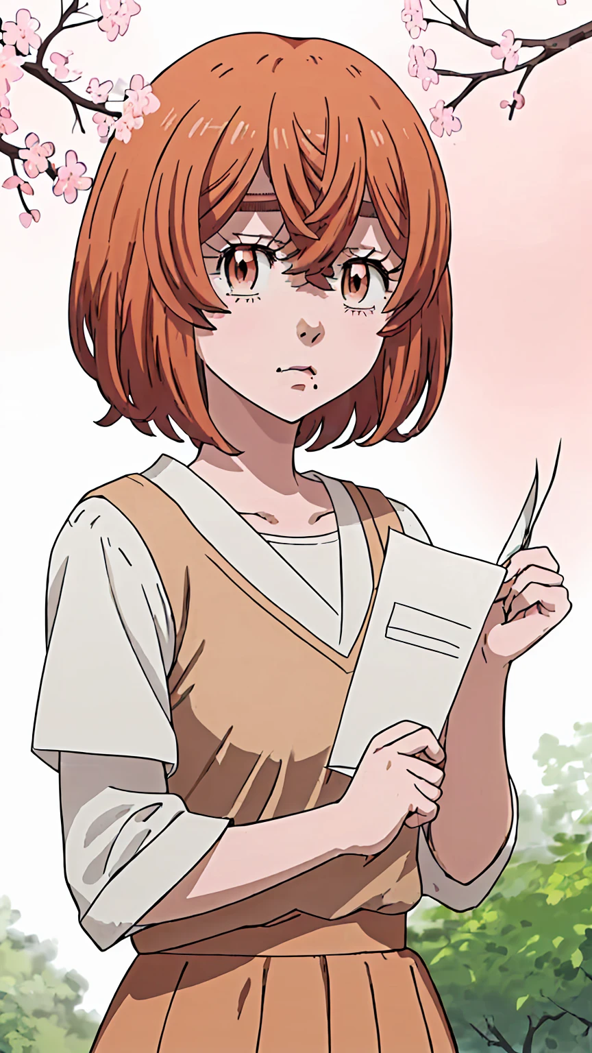 hinata-tachibana, 1girl, solo, looking at viewer, short hair, hair between eyes, brown eyes, orange hair, mole, mole under mouth, upper body garden sakura tree (holding a blank paper viewing it to the viewer: 1.5)