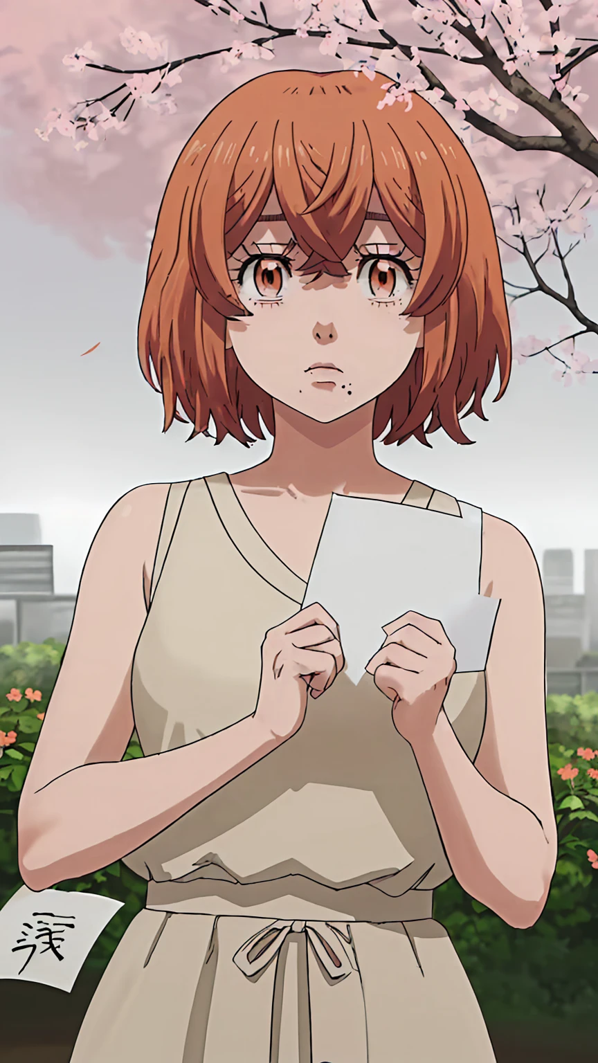 hinata-tachibana, 1girl, solo, looking at viewer, short hair, hair between eyes, brown eyes, orange hair, mole, mole under mouth, upper body garden sakura tree (holding a blank paper viewing it to the viewer: 1.5) 