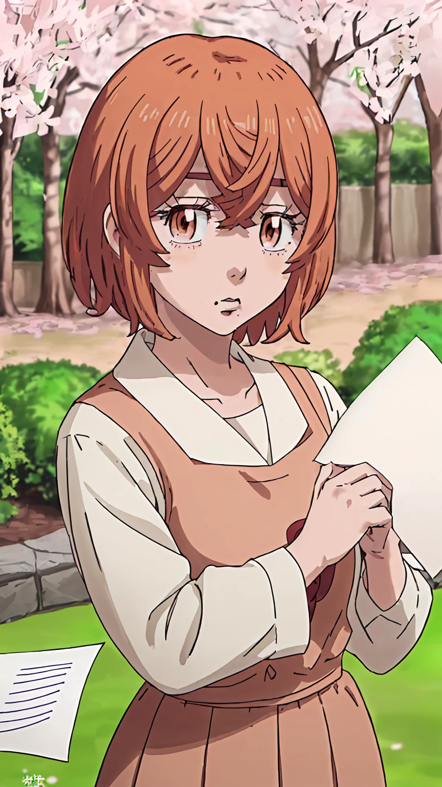 hinata-tachibana, 1girl, solo, looking at viewer, short hair, hair between eyes, brown eyes, orange hair, mole, mole under mouth, upper body garden sakura tree (holding a blank paper viewing it to the viewer: 1.5) 