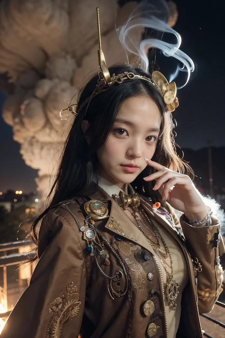 dreamlike tree of live, colorful smoke, insane details, steampunk details, intricate details, hyperdetailed,, 1 girl, solo, beautiful pose, 