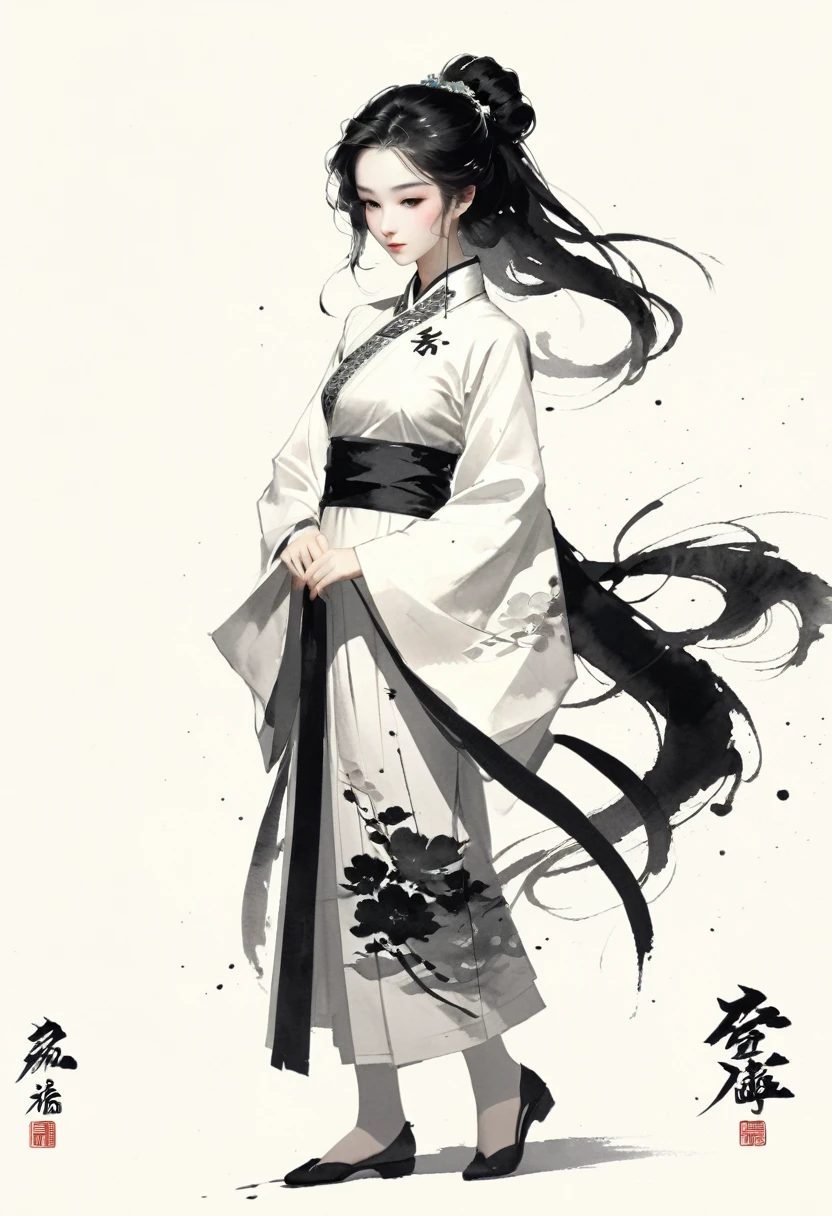 Artistic ink painting，Three-dimensional ink painting，Minimalism，Minimalist graphics，Minimal Art，Chinese anime girls，whole body，Chinese style，antiquity，Ink Painting，cheongsam，Black long hair，Black and white background，古韵White Space，White Space，大面积White Space，Texture Matte，Low saturation，Minimalist composition，Master composition