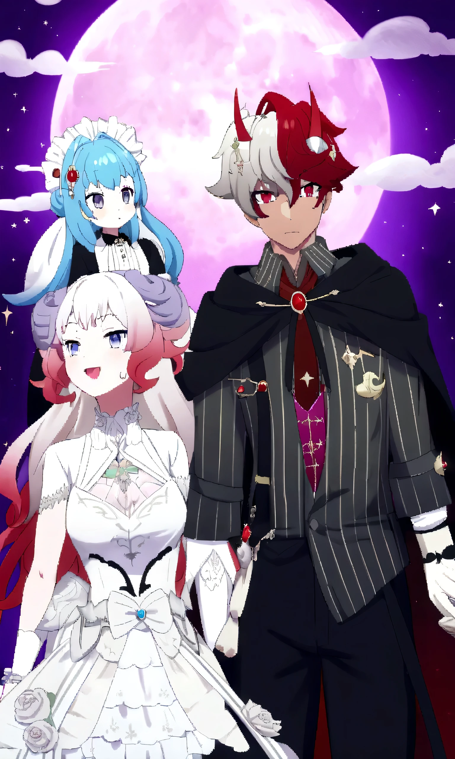 anime characters dressed in costumes standing in front of a full moon, dapper dream demon, wearing fantasy formal clothing, lunar themed attire, ((wearing aristocrat robe)), my dress up darling anime, stylized anime, vampire fashion, wearing fancy clothes, anime vampires, crimson themed, fancy clothes, astral witch clothes, inspired gacha club game, ornate attire