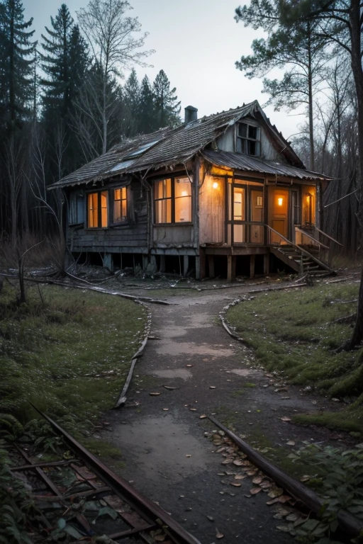 derelict house, half destroyed and careless in the middle of a forest at night, with dry and leafless trees, a slight orange lighting, horror diner