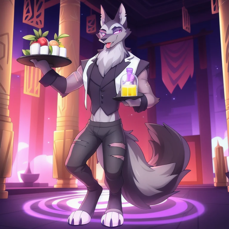 by zinfyu, detailed background, vortex \(helluva boss\), hellhound, grey body, grey fur, male, solo, absurd res, digitigrade, scar, vortexdrip, tribal clothes, hypnotized with completely glowing purple eyes with no irises or pupils, tongue out, carrying a tray with limonade, temple background