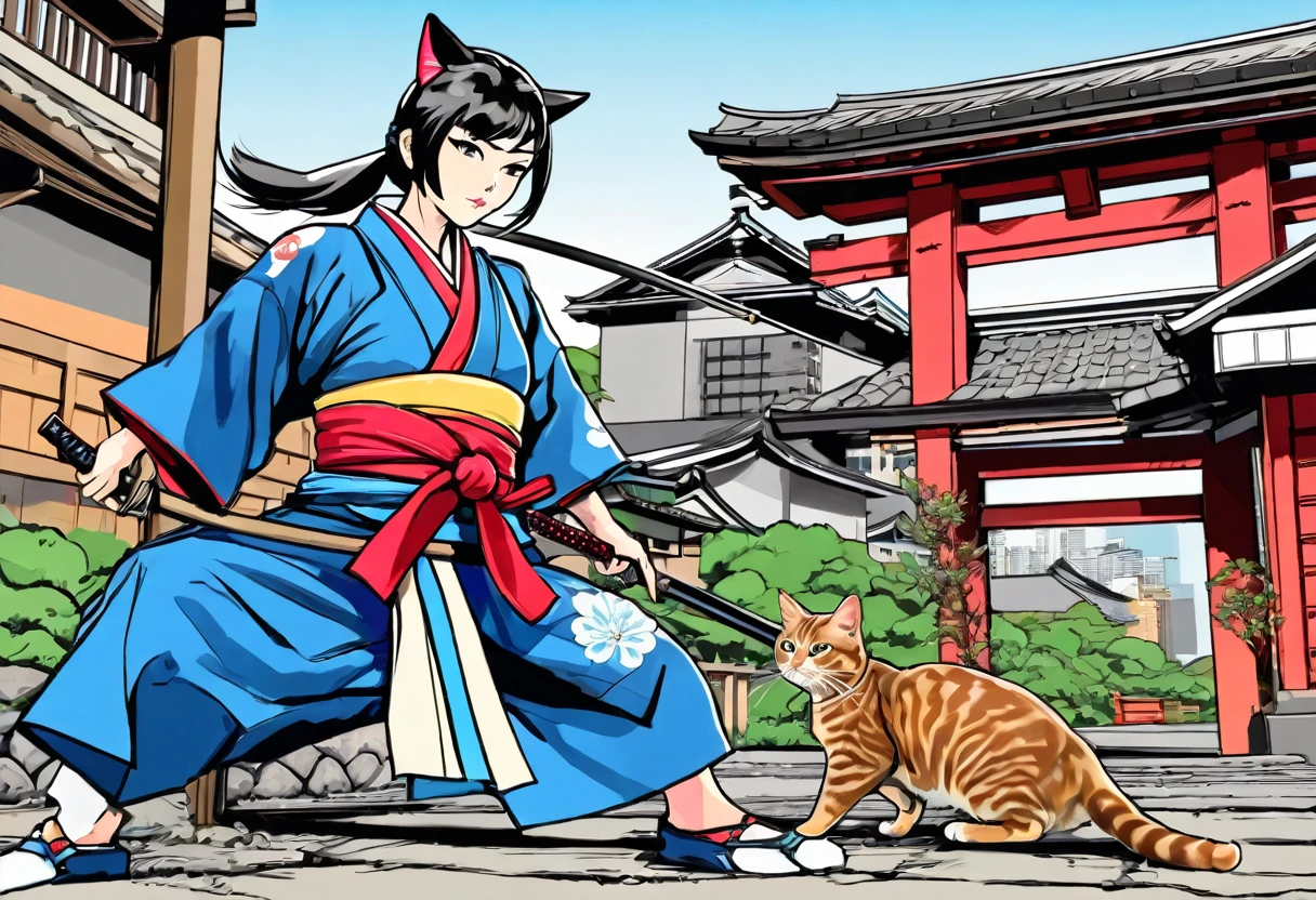 arte em tinta fina, comic style, portrait of japan, and samurai cat, Glamour de Osaka, bela arte de linha, comic style, manga style, manga art style, pencil and ink caricature drawing, coloring, , other positions, corpo inteiro. Japan Background, cat ninja, desenho colorido. Old japan sity in background