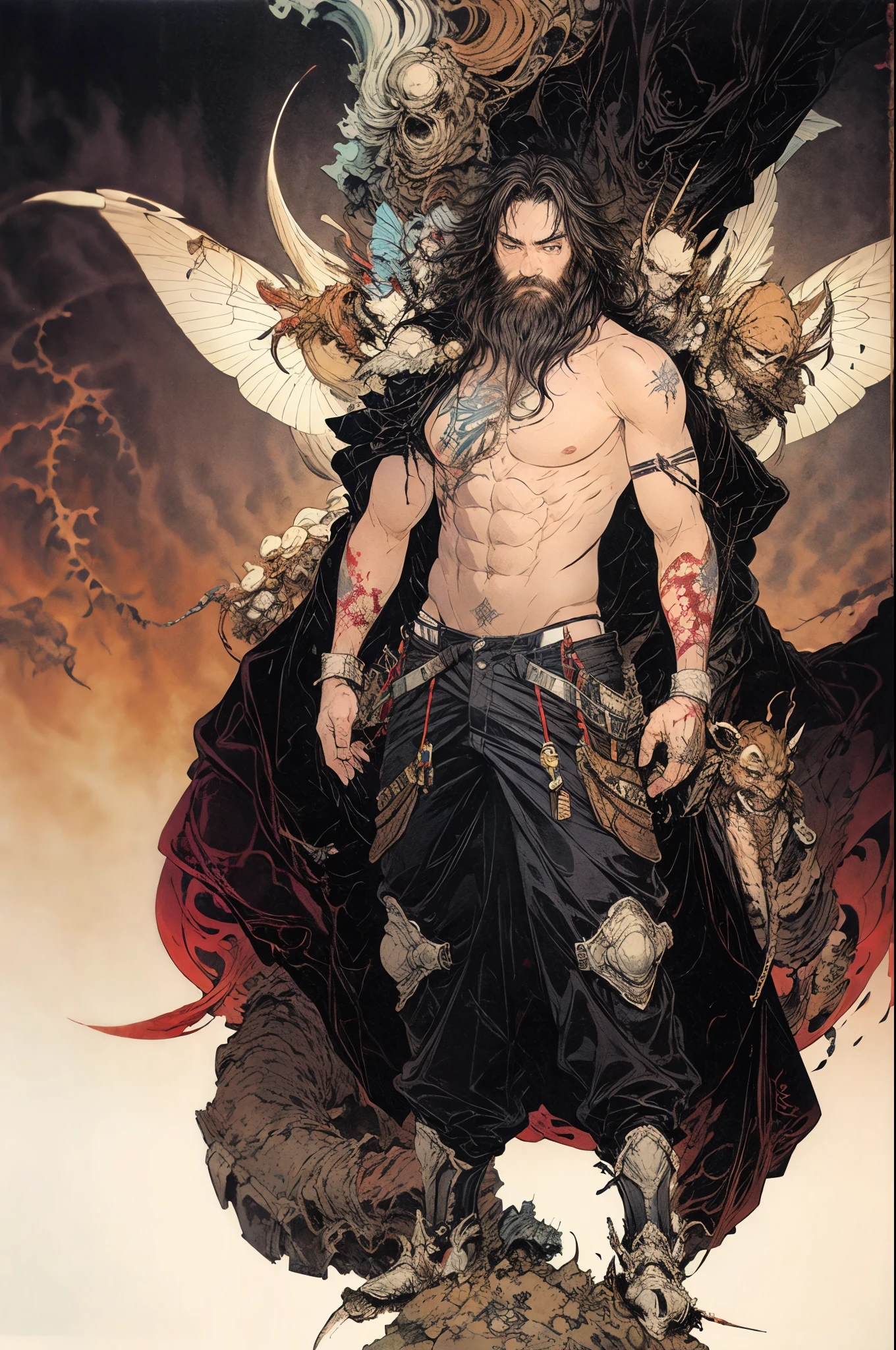 best quality,masterpiece,Ultra-high resolution,1 person,looking at the audience,one,Yamamoto Takashi style,Countless insects and beasts surrounded him,Religious feeling,
simple background,White_background,Machinery Division,Exoskeleton,Cold-blooded adult bearded man,toughboy style, Shirtless,trousers, muscle, tattoo