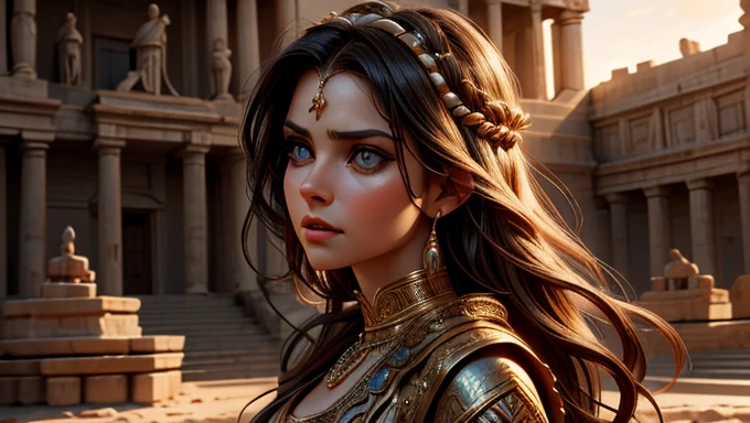 and in the background is a woman with an enigmatic and treacherous look and appearance, wearing an ancient biblical dress. Hyper realistic, cinematic.