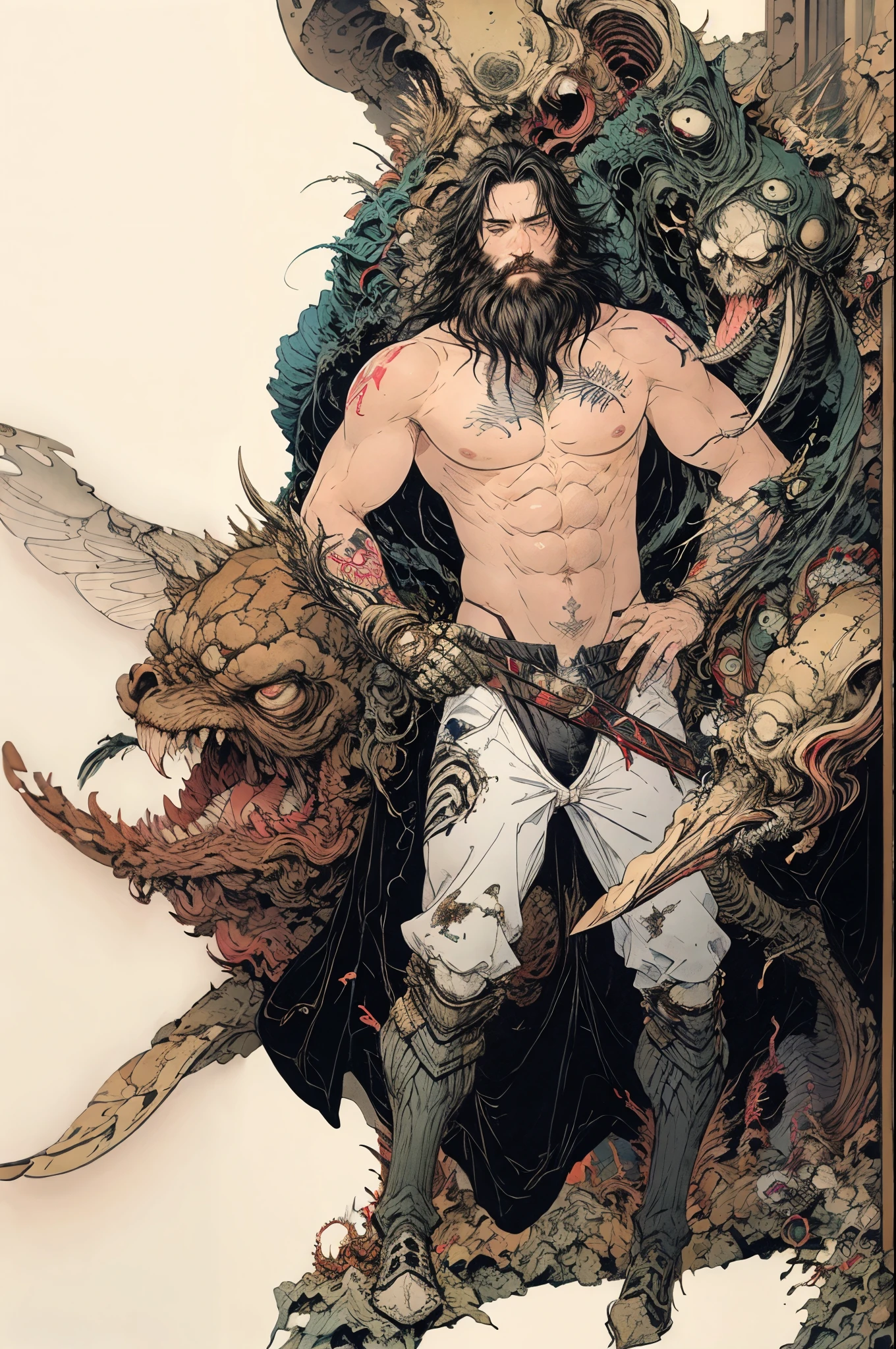 best quality,masterpiece,Ultra-high resolution,1 person,looking at the audience,one,Yamamoto Takashi style,Countless insects and beasts surrounded him，Religious feeling，
simple background,White_background,Machinery Division，Exoskeleton，Cold-blooded adult bearded man，toughboy style, Shirtless,trousers, muscle, tattoo