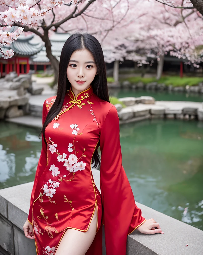 a beautiful chinese woman in a red cheongsam dress, long black hair, detailed facial features, elegant pose, standing in a traditional chinese garden with cherry blossoms, cinematic lighting, photo-realistic, award-winning digital art, highly detailed, concept art, beautiful colors, warm light