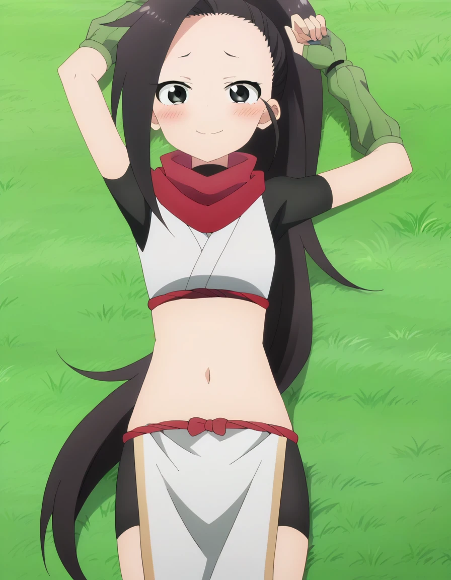  anime coloring, anime screencap, source_anime, anime,uncensored ,BREAK1girl,kunotsubaki, black eyes, black hair, long hair, asymmetrical bangs, forehead, high ponytail, ponytail,shirt, navel, red scarf, scarf short sleeves, pelvic curtain, shorts, green gloves, arm warmers, fingerless gloves,  BREAK, high quality, solo, lying, on back, arms up, closed mouth, on grass, (cowboy shot:1.5), looking at viewer, nervous, smile, best quality, blushing, center,