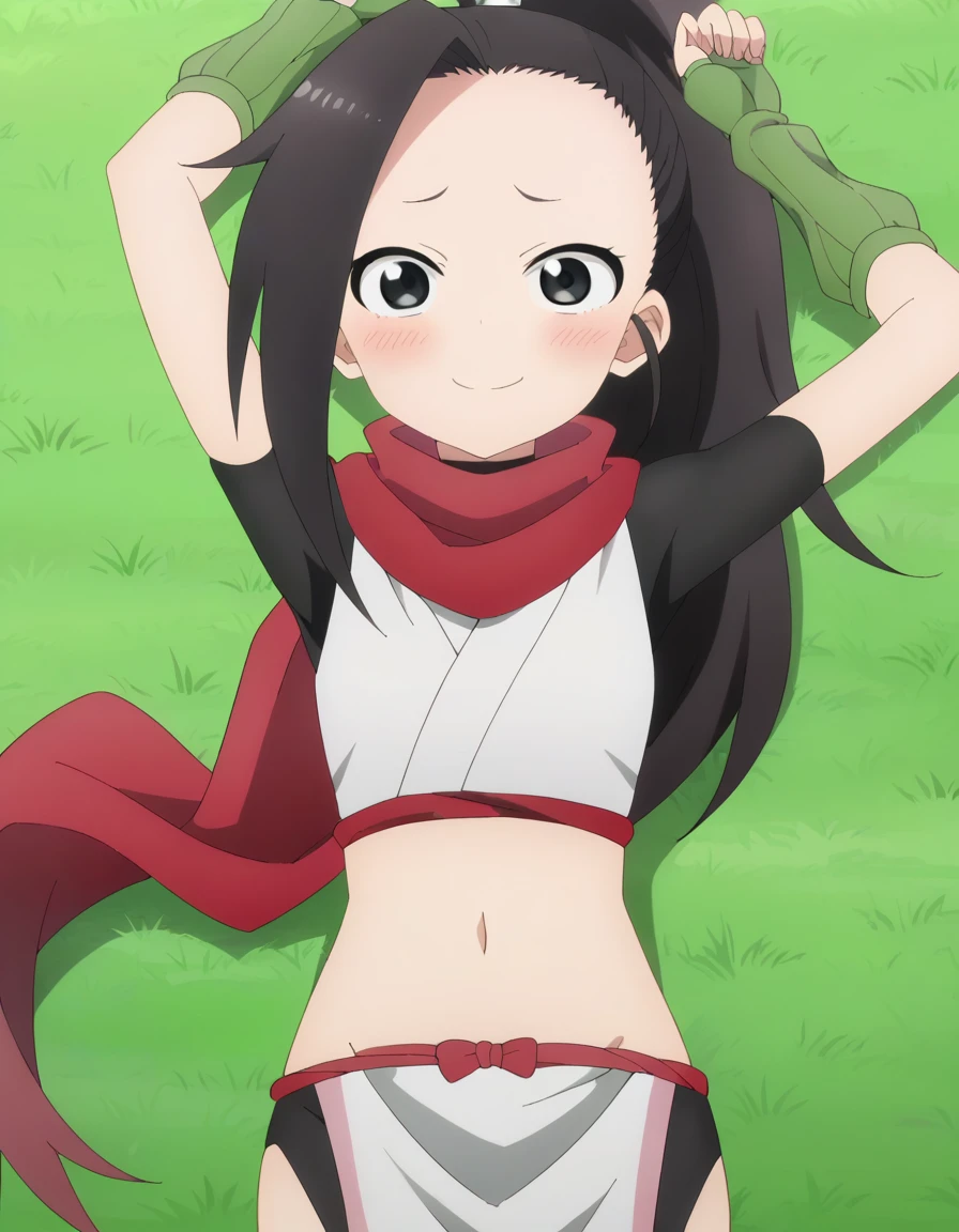  anime coloring, anime screencap, source_anime, anime,uncensored ,BREAK1girl,kunotsubaki, black eyes, black hair, long hair, asymmetrical bangs, forehead, high ponytail, ponytail,shirt, navel, red scarf, scarf short sleeves, pelvic curtain, shorts, green gloves, arm warmers, fingerless gloves,  BREAK, high quality, solo, lying, on back, arms up, closed mouth, on grass, (cowboy shot:1.5), looking at viewer, nervous, smile, best quality, blushing, center,