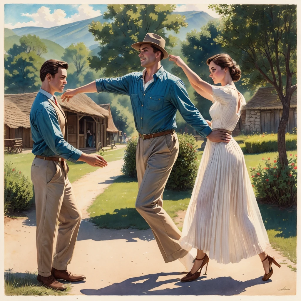 watercolor drawing in Retro-Look, rural saxones village, man and naked woman dance, full body shot, in the style of classic Americana, white background, Andrew Loomis style, Masterpiece work of art,