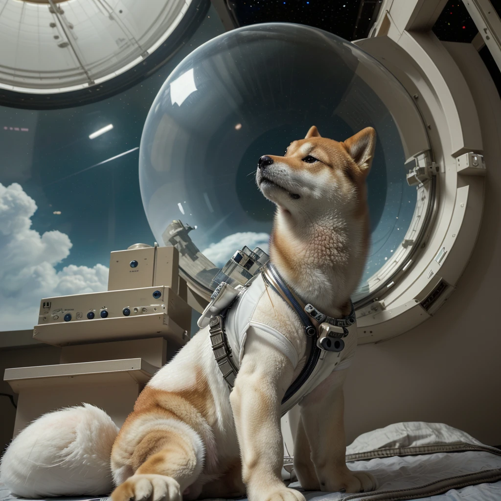 a highly detailed, ultra-realistic, 8k, photorealistic, high quality, masterpiece shiba inu dog wearing an astronaut suit, contemplative expression, looking up at the sky, tight-fitting spacesuit, dome helmet, clear background, vintage NASA control room with computers, fluffy tail.