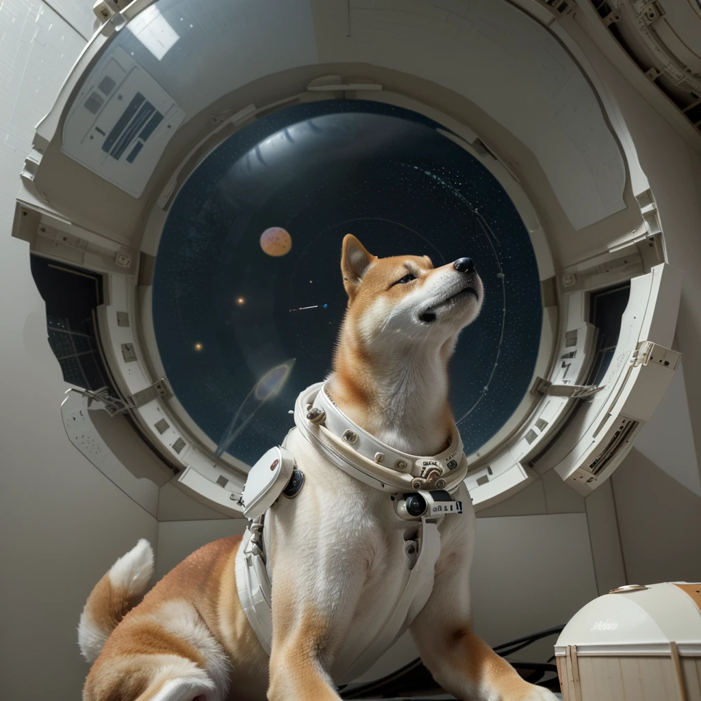 a highly detailed, ultra-realistic, 8k, photorealistic, high quality, masterpiece shiba inu dog wearing an astronaut suit, contemplative expression, looking up at the sky, tight-fitting spacesuit, dome helmet, clear background, vintage NASA control room with computers, fluffy tail.