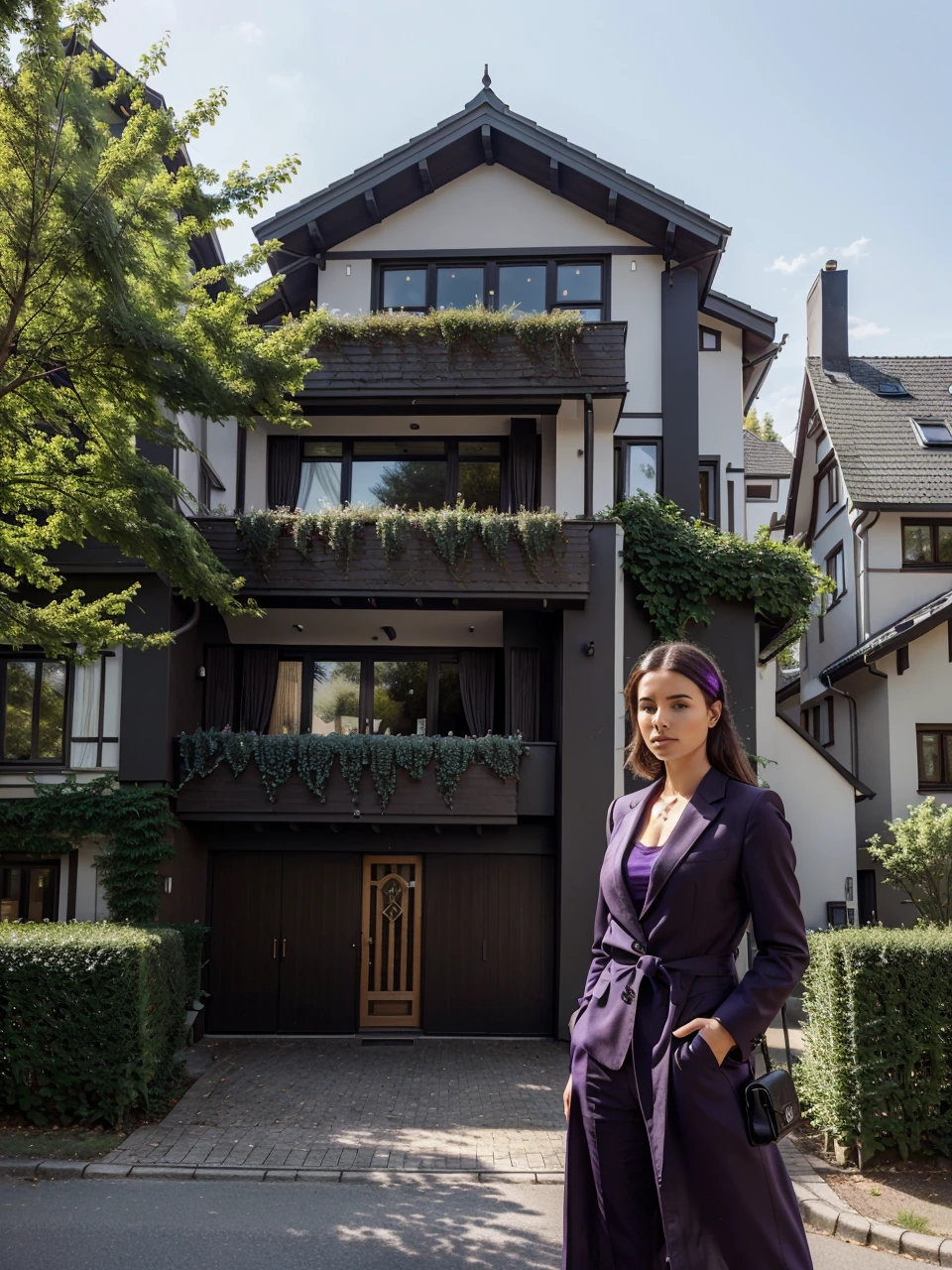A house in germany with a luxurious purple g-wagon infront of the house. With trees on the street. With this girl infront of it. She is dressed very well(business-casual).