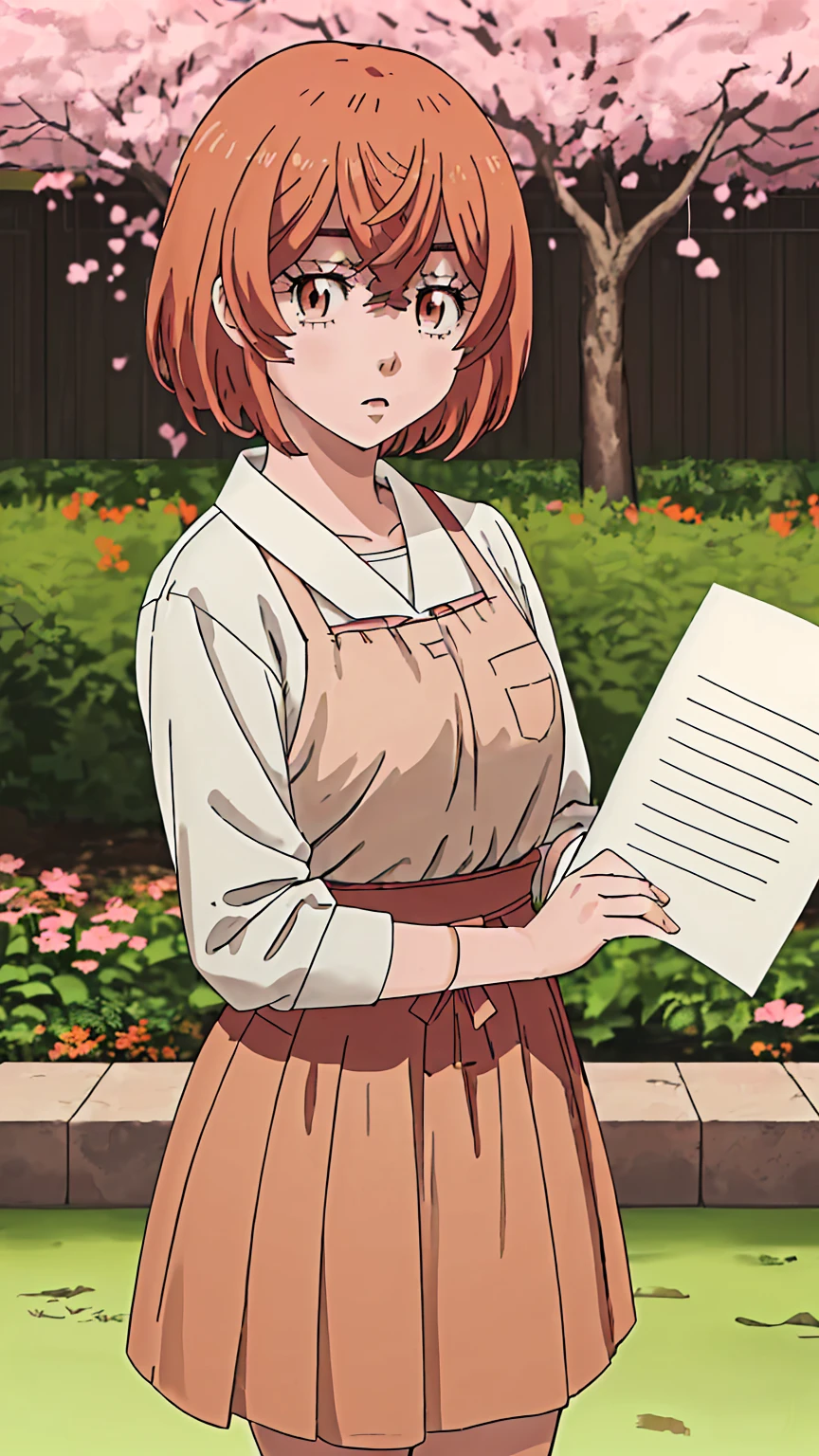 hinata-tachibana, 1girl, solo, looking at viewer, short hair, hair between eyes, brown eyes, orange hair, mole, mole under mouth, upper body garden sakura tree (holding a blank paper viewing it to the viewer: 1.5) 