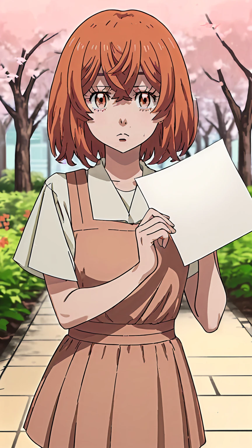 hinata-tachibana, 1girl, solo, looking at viewer, short hair, hair between eyes, brown eyes, orange hair, mole, mole under mouth, upper body garden sakura tree (holding a blank paper viewing it to the viewer: 1.5)