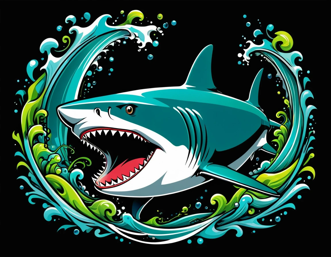 A vector design for a t-shirt, with a black background featuring elements of [[shark] in the style of hyper-detailed illustrations with a colorful, cartoonish style in high resolution using [green + gray] colors and hard edge lines, along with swirling details and high contrast