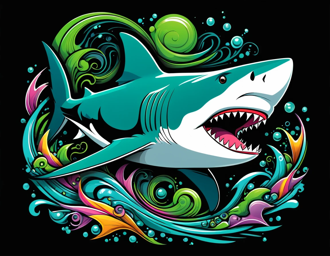 A vector design for a t-shirt, with a black background featuring elements of [[shark] in the style of hyper-detailed illustrations with a colorful, cartoonish style in high resolution using [green + gray] colors and hard edge lines, along with swirling details and high contrast