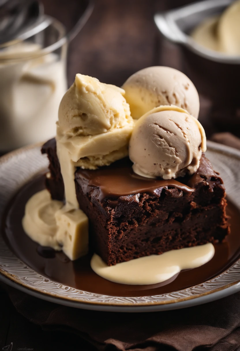 Brownie, brownie de chocolate, (plate with chocolate brownie and banana ice cream), brownie with banana ice cream, banana ice cream with brownie, foto realisitic, professional foto, photo taken by the best photographer in the world, 4 K, best qualityer, optical zoom, photo with depth of field, realisitic. Brownie with banana ice cream