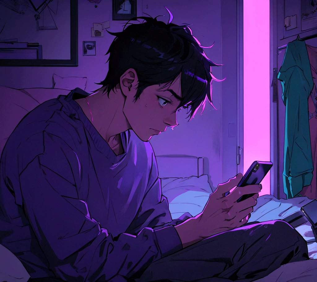 man looking at his cell phone inside the room, purple neon, messy bed, sadness, passionate