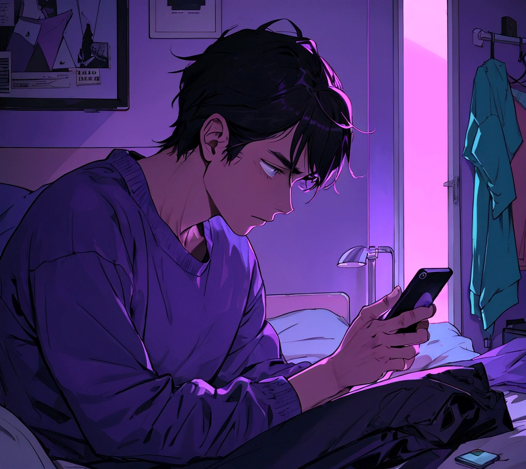 man looking at his cell phone inside the room, purple neon, messy bed, sadness, passionate