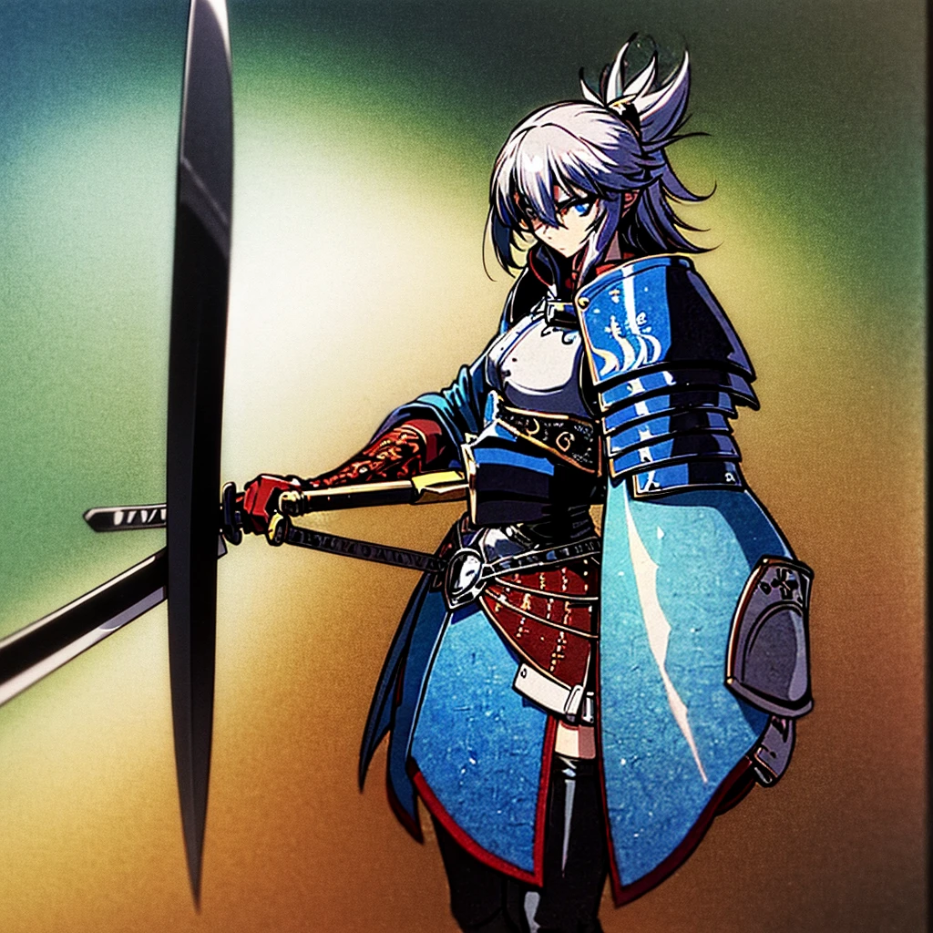 A female swordsman in strong and tall samurai armor with a short broadsword