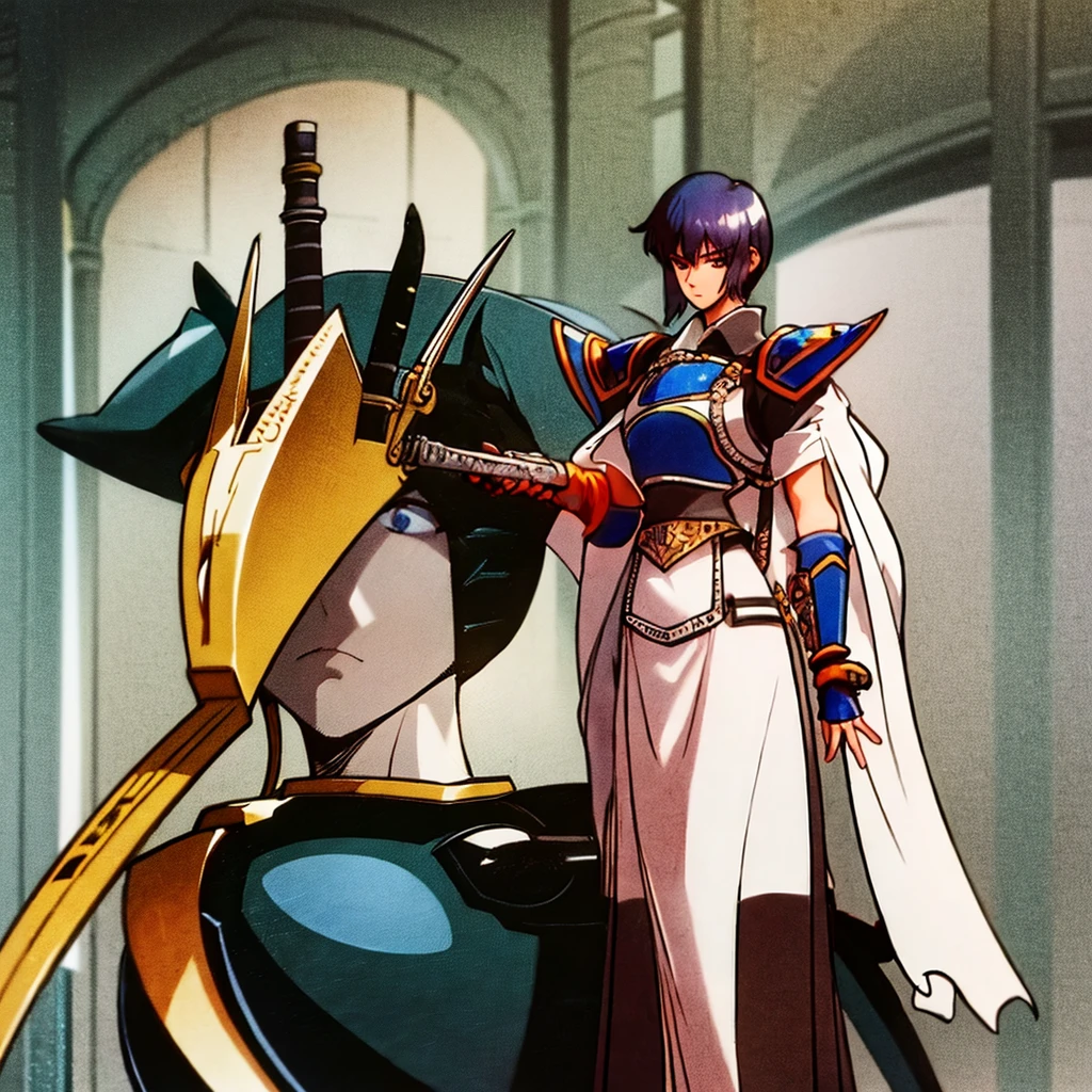A female swordsman in strong and tall samurai armor with a short broadsword