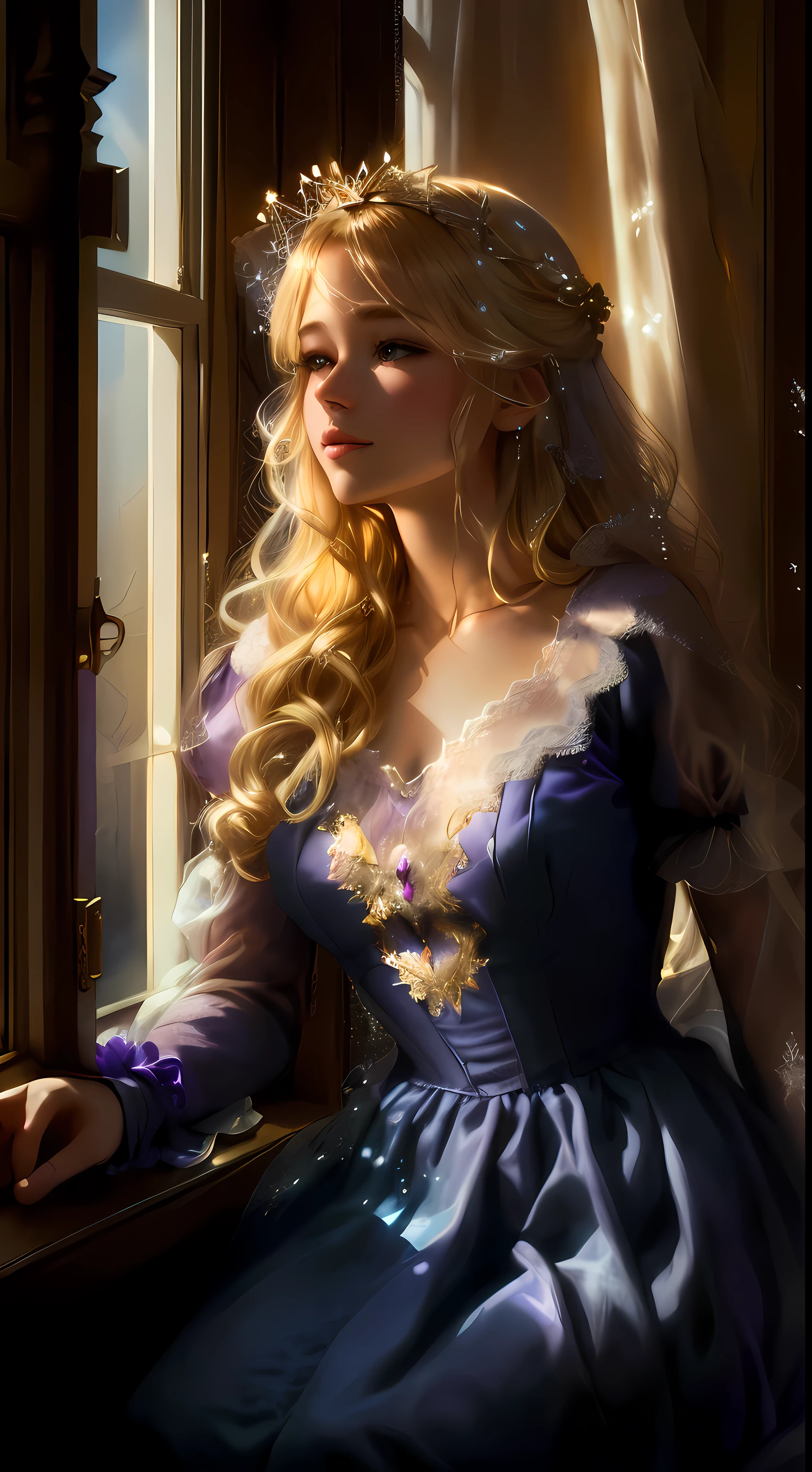blonde hair, blonde, princess in purple dress, sitting on the windowsill, Soft glowing windows, beautiful digital images, beautifully lit, fabulous gorgeous lighting, by candlelight, Magali Villeneuve, realistic fantasy painting, beautiful fantasy art, Romantic light, window at night, beautiful works of art, next to the window, beautiful fantasy art portrait, night, Moonlight
