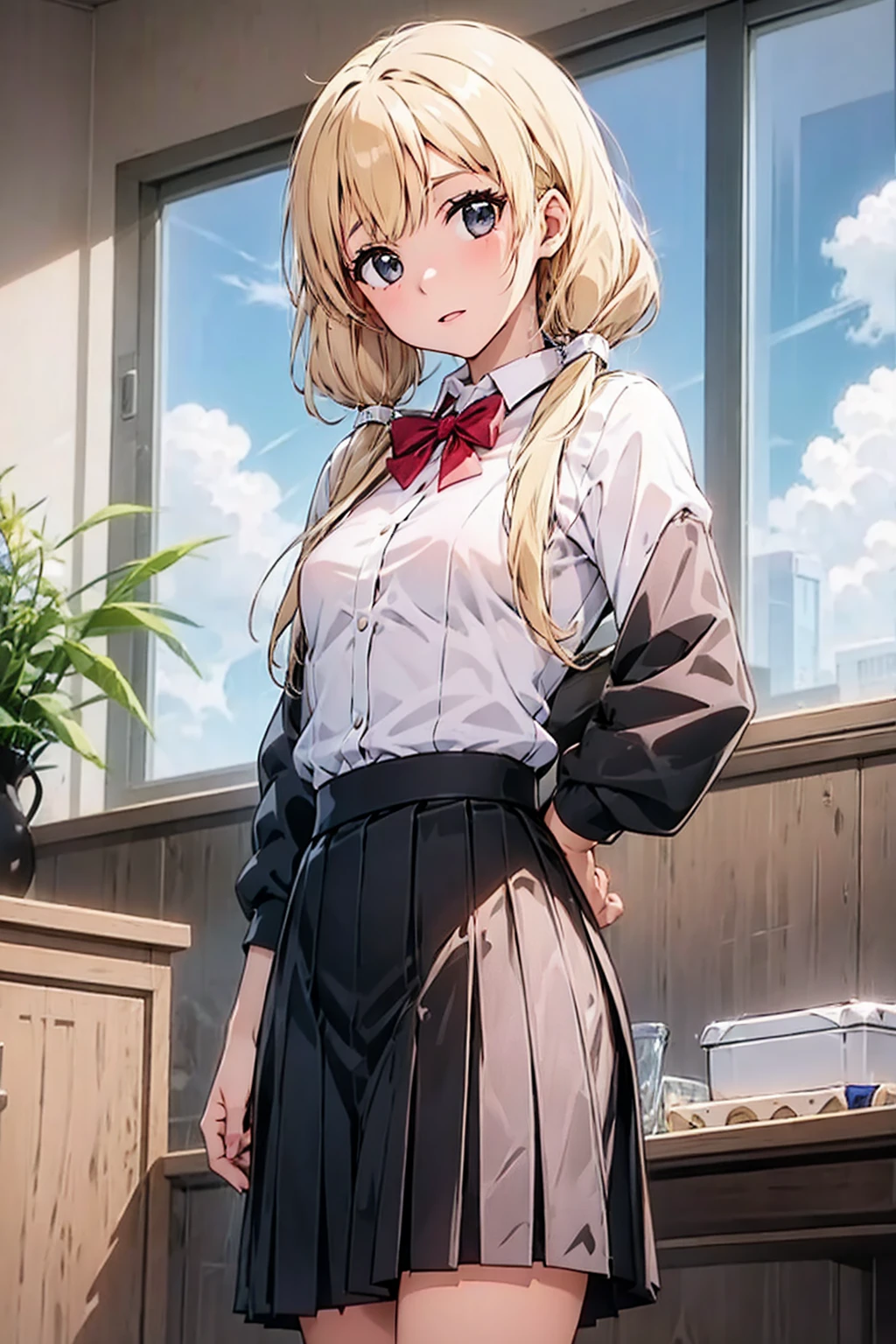 1girl,looking at viewer,school background,,small breasts,blonde,twintails,head tilt,high waist pleated skirt,