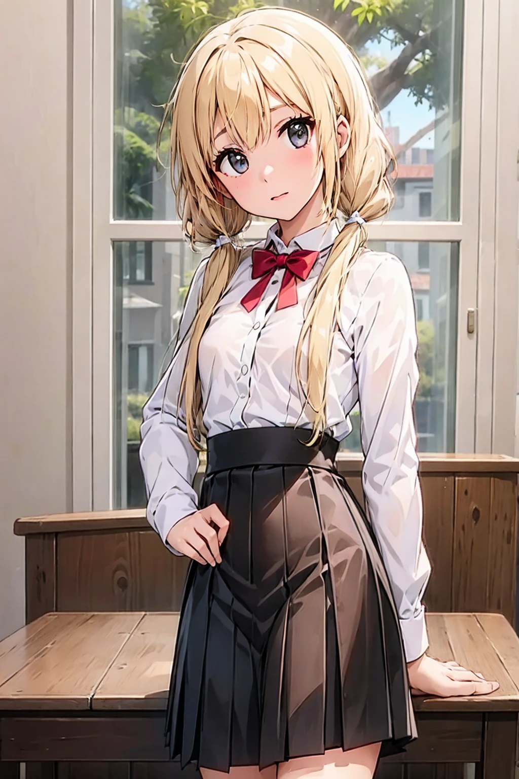 1girl,looking at viewer,school background,,small breasts,blonde,twintails,head tilt,high waist pleated skirt,