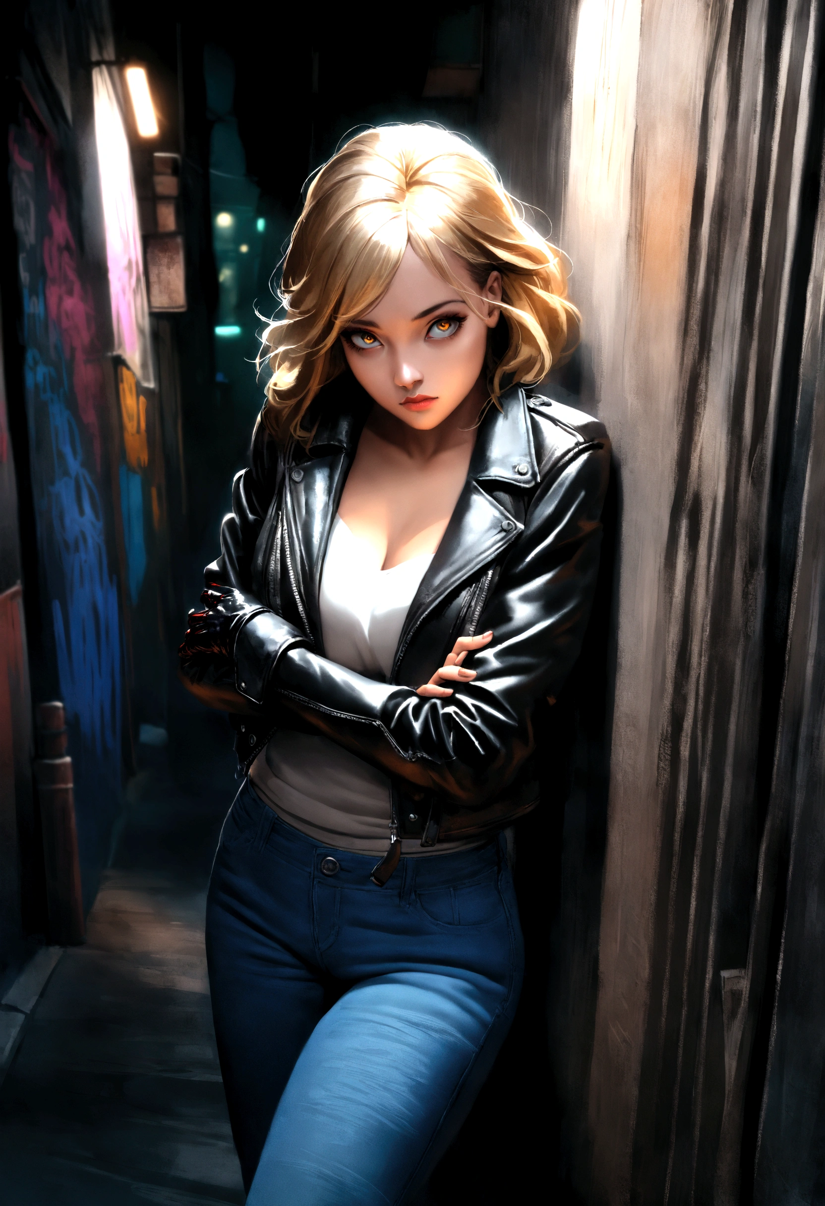 (black with blonde highlights hair, hispanic woman, anti-hero, steals anything, controls blood, leather jacket and blue jeans, medium:1.1), leather gloves, confident posture, mysterious expression, intense eyes, dyna mic action, urban night scene, graffiti-filled alley, street lights, neon signs, dramatic lighting, dark and gritty atmosphere, chiaroscuro lighting, high contrast, intense color palette, cinematic composition, photorealistic style, detailed textures. Leaning on wall crossing her arms, looking up. Side view. Comic style.