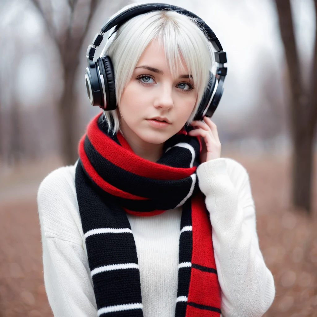 Russian  girl, wearing cold clothes, fly away, wearing a black and white striped scarf, listening to music with headphones, Eyes red, short female white hair. Emo style, breasts big.