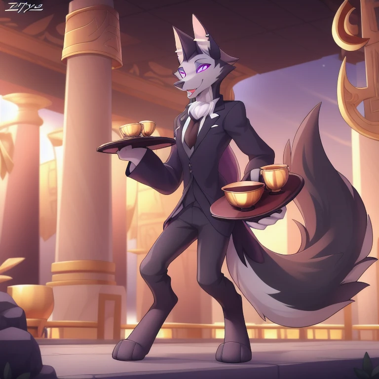 by zinfyu, detailed background, vortex \(helluva boss\), hellhound, grey body, grey fur, male, solo, absurd res, digitigrade, scar, tribal clothes, hypnotized with completely glowing purple eyes with no irises or pupils, tongue out, carrying a tray with golden cups, temple background