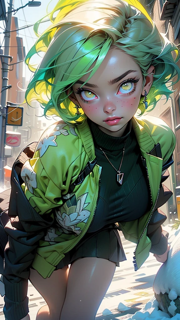 girl,1girl,((extremely cute and beautiful green haired girl)),(((16 years old))),(large breasts:1.2),((((green hair:1.35,(disheed hair),bright green hair,short hair,iridescent colors turquoise and green glowing colors,colored inner hair)))),((yellow_eyes:1.5)),glowing eyes,intricate eyes,beautiful detailed eyes,symmetrical eyes,Big eyes:1.5,((fat)),(((lustrous skin:1.5,bright skin: 1.5,skin tanned,shiny skin,very shiny skin,shiny body,plastic glitter skin,exaggerated shiny skin,illuminated skin))),(spider lower abdomen,narrow waist,wide hip,athletic body,inflated legs,thick thighs,detailed body,(detailed face)),

cute,slutty,seductive,erotic,(nsfw),

wearing green winter clothes,(green Santa Clothes:1.3),girl wearing ((green fleece snowcoat)) and fair isle patterned sweater in Petrina Hicks style,(Fashionable clothing:1.1),((schoolgirls)),Fashion Model,green and aquamarine,fair isle pattern,(modern nordic,urban sporty),textured surfaces,(((intricate outfit,intricate clothes))),

(dynamic pose:1.0),drinking hot chocolate,(centered,scale to fit dimensions,Rule of thirds),

((snowy pine forest)),winter,scenery:1.25,((intricate scenery)),((snow forest background)),

(Glossy winter ornaments),highres,sharp focus,(ultra detailed,extremely detailed),(photorealistic artwork:1.37),(extremely detailed CG unity 8k wallpaper),(((vibrant colors,vibrant theme))),(intricate),(masterpiece),(best quality),artistic photography,(photography taken by sldr),(intricate background),perfect rendered face,perfect face details,realistic face,photo realistic,analog style,((intricate detail)),(((realism))),
