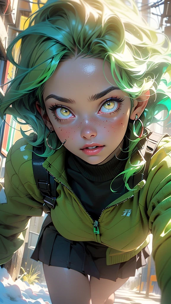 girl,1girl,((extremely cute and beautiful green haired girl)),((())),(large breasts:1.2),((((green hair:1.35,(disheed hair),bright green hair,short hair,iridescent colors turquoise and green glowing colors,colored inner hair)))),((yellow_eyes:1.5)),glowing eyes,intricate eyes,beautiful detailed eyes,symmetrical eyes,Big eyes:1.5,((fat)),(((lustrous skin:1.5,bright skin: 1.5,skin tanned,shiny skin,very shiny skin,shiny body,plastic glitter skin,exaggerated shiny skin,illuminated skin))),(spider lower abdomen,narrow waist,wide hip,athletic body,inflated legs,thick thighs,detailed body,(detailed face)),

cute,slutty,seductive,erotic,(nsfw),

wearing green winter clothes,(green Santa Clothes:1.3),girl wearing ((green fleece snowcoat)) and fair isle patterned sweater in Petrina Hicks style,(Fashionable clothing:1.1),((schoolgirls)ion Model,green and aquamarine,fair isle pattern,(modern nordic,urban sporty),textured surfaces,(((intricate outfit,intricate clothes))),

(dynamic pose:1.0),drinking hot chocolate,(centered,scale to fit dimensions,Rule of thirds),

((snowy pine forest)),winter,scenery:1.25,((intricate scenery)),((snow forest background)),

(Glossy winter ornaments),highres,sharp focus,(ultra detailed,extremely detailed),(photorealistic artwork:1.37),(extremely detailed CG unity 8k wallpaper),(((vibrant colors,vibrant theme))),(intricate),(masterpiece),(best quality),artistic photography,(photography taken by sldr),(intricate background),perfect rendered face,perfect face details,realistic face,photo realistic,analog style,((intricate detail)),(((realism))),
