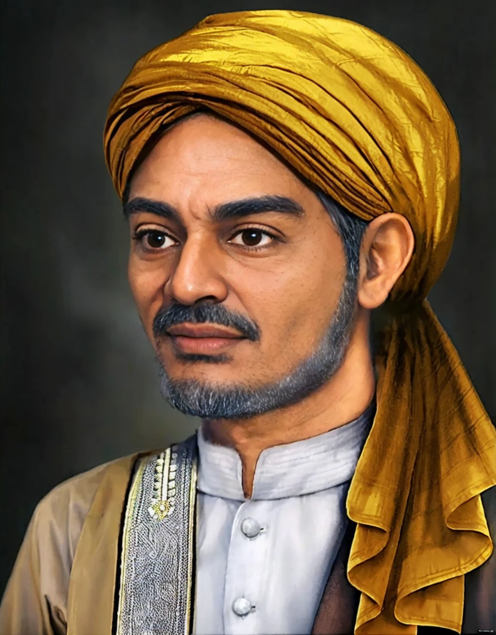 Muslim man, brown skin aged 40 years or over, wearing a shabby cloth robe, cloth turban. Hd realistic photos