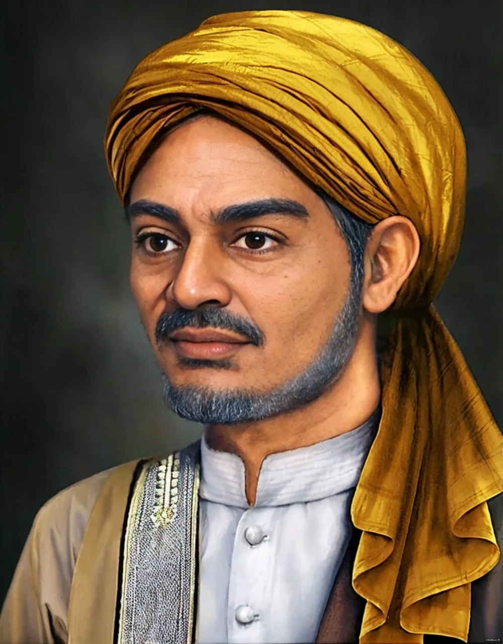 Muslim man, brown skin aged 40 years or over, wearing a shabby cloth robe, cloth turban. Hd realistic photos