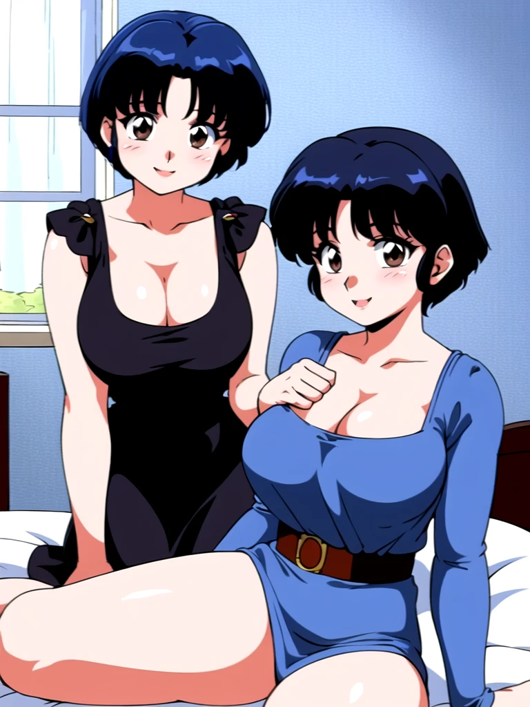 HDR, CG, sharp focus, (8k), (4k), masterpiece, best quality, detailed skin, extremely detailed, hiper detailed, sharp focus, looking at viewer, high quality, AKANE, Akane tendou, short hair, blue hair, brown eyes ,curtain pelvic DRESS, tetas grandes, blush, solo, 1girl, sit on BED, BEDROOM background, hands on chest, heels, black dress, smile,