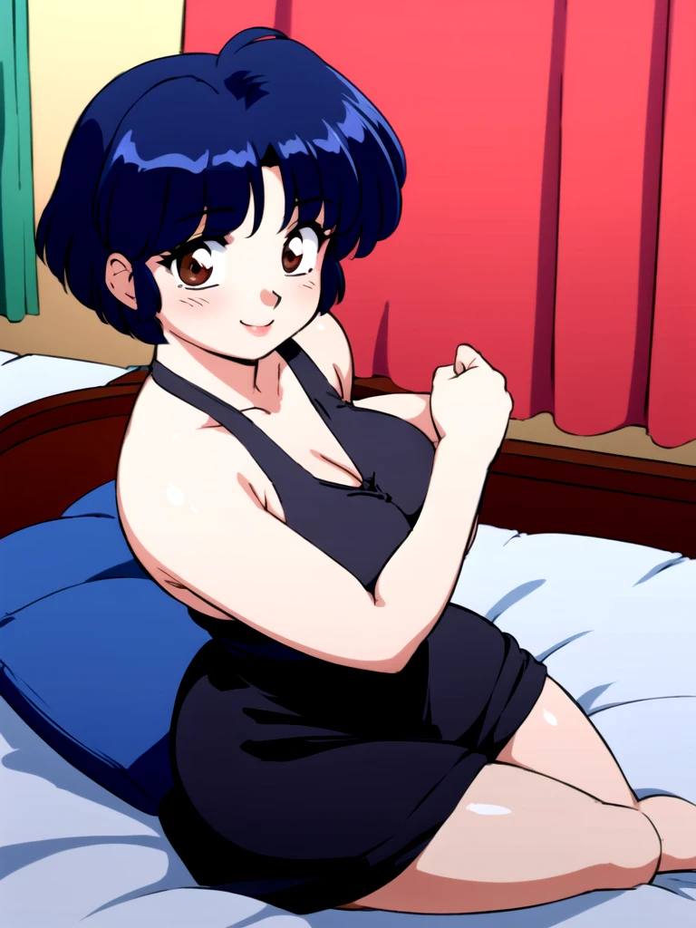 HDR, CG, sharp focus, (8k), (4k), masterpiece, best quality, detailed skin, extremely detailed, hiper detailed, sharp focus, looking at viewer, high quality, AKANE, Akane tendou, short hair, blue hair, brown eyes ,curtain pelvic DRESS, tetas grandes, blush, solo, 1girl, sit on BED, BEDROOM background, hands on chest, heels, black dress, smile,  