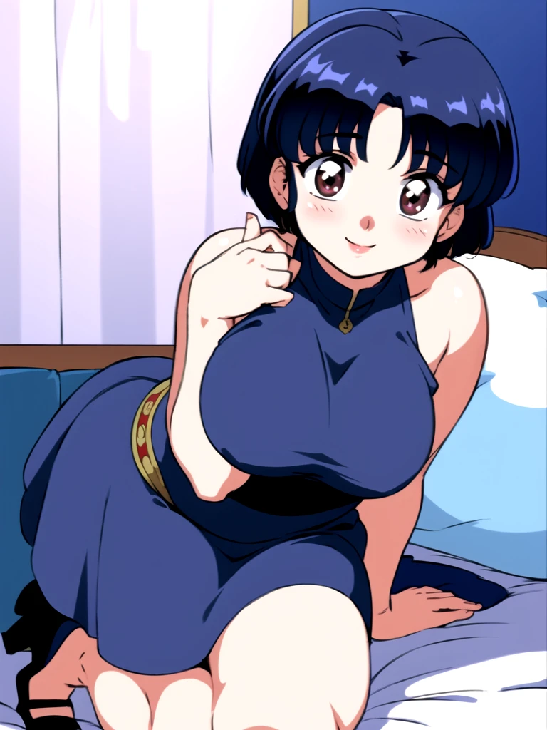 HDR, CG, sharp focus, (8k), (4k), masterpiece, best quality, detailed skin, extremely detailed, hiper detailed, sharp focus, looking at viewer, high quality, AKANE, Akane tendou, short hair, blue hair, brown eyes ,curtain pelvic DRESS, tetas grandes, blush, solo, 1girl, sit on BED, BEDROOM background, hands on chest, heels, black dress, smile,  