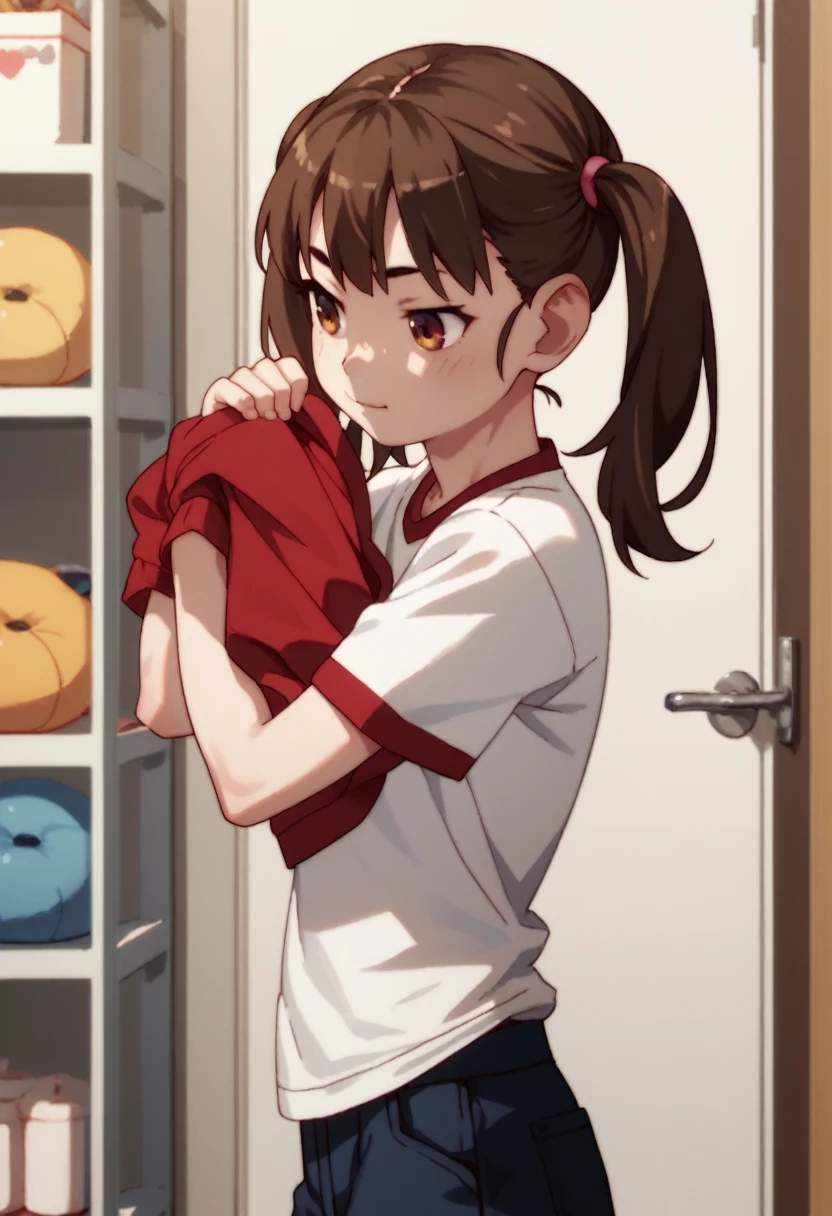 young girl, brown hair pigtails, putting on a skunk furry costume in a dressing room