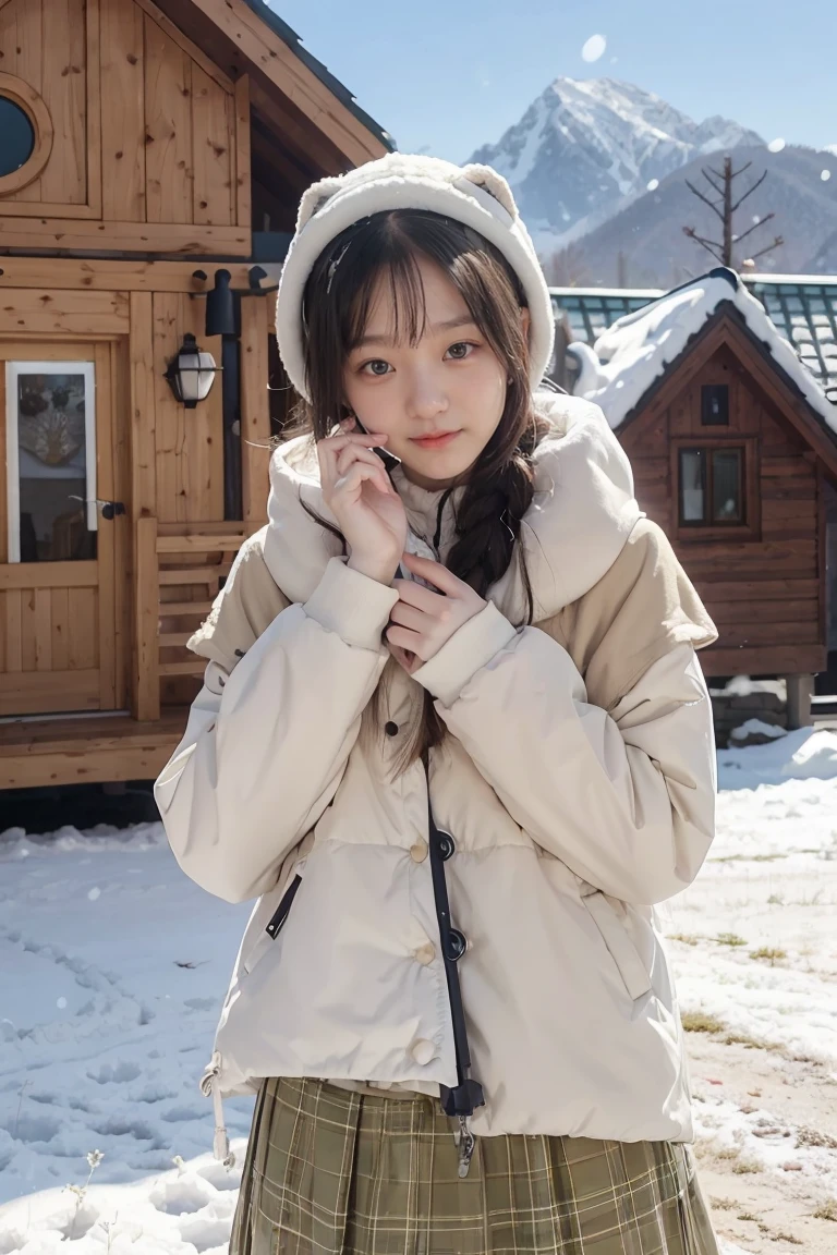 _modelshoot style, banchan is happily building a snowman with olive eyes, single house background, snowy mountains background, snowing, (banchan green hair:0.8), (banchan yellow hair:0.7), (banchan ombre hair:0.4),  (focus on banchan: 0.8), Zoom Lens Shot, by studio ghibli, (((masterpiece))), (((best quality))), (extremely detailed CG unity 8k wallpaper), 1 girl, solo,