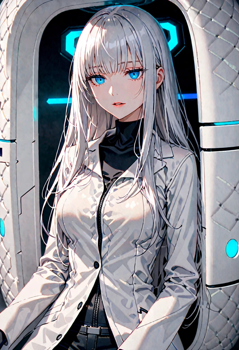 female, silver hair, long hair, straight bangs, large breasts, white lab coat, blue eyes, off-white padded room, large room, blouse, black jeans, warm, futuristic, parted lips, slender, close up, from the waist up, half-lidded eyes, opening sleeping pod